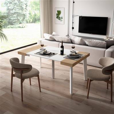 Mesa Consola extensible, Roble y blanco, Patas de madera