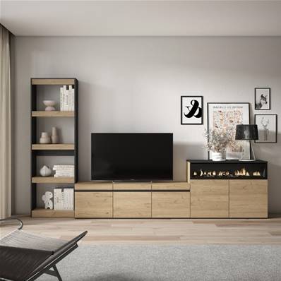 Muebles de Salón para TV, Roble y negro, Chimenea eléctrica