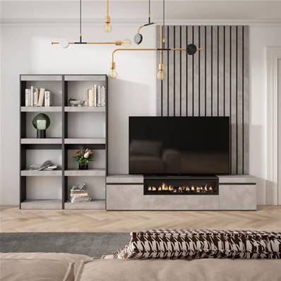 Muebles de Salón para TV, Cemento, Chimenea eléctrica