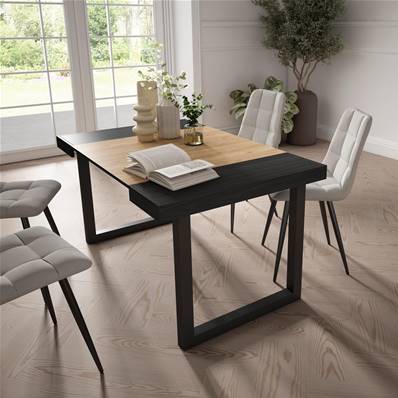 Mesa Consola extensible, Negro y roble, Patas madera maciza