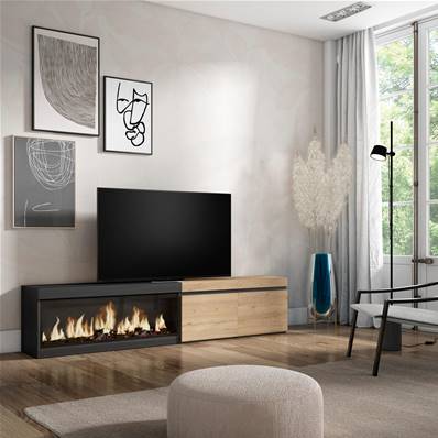 Mueble TV, Televisión, Roble y negro, Chimenea eléctrica XXL