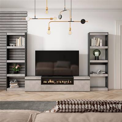 Muebles de Salón para TV, Cemento, Chimenea eléctrica