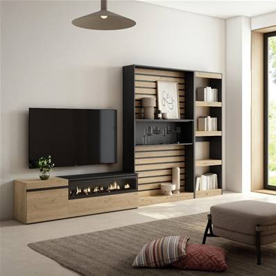 Muebles de Salón para TV, Roble y negro, Chimenea eléctrica