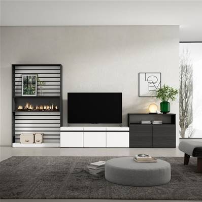 Muebles de Salón para TV, Blanco y negro , Chimenea eléctrica