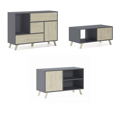 Set Wind, salón Comedor, Mueble Auxiliar, buffet-mueble tv100-mesa centro Gris/Roble