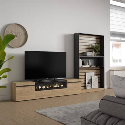 Muebles de Salón para TV, Roble y negro, Chimenea eléctrica