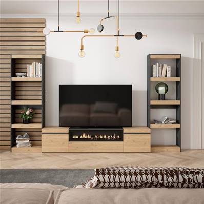 Muebles de Salón para TV, Roble y negro, Chimenea eléctrica