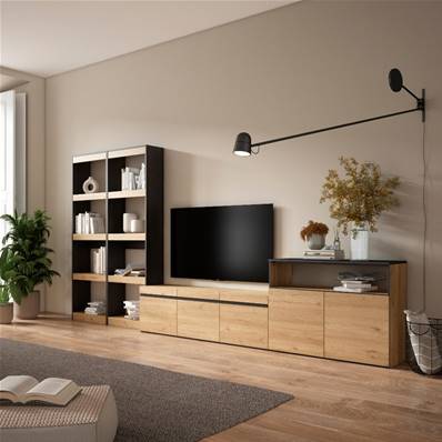 Muebles de Salón para TV, 370x186x35cm, Roble y negro