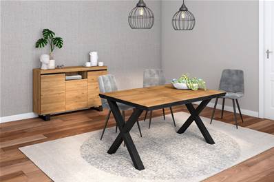 Conjunto Mesa 140 Canto negro patas X, Aparador 140 Tall