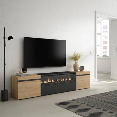 Mueble TV, Televisión, Roble y negro, Chimenea eléctrica