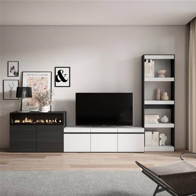 Muebles de Salón para TV, Blanco y negro , Chimenea eléctrica