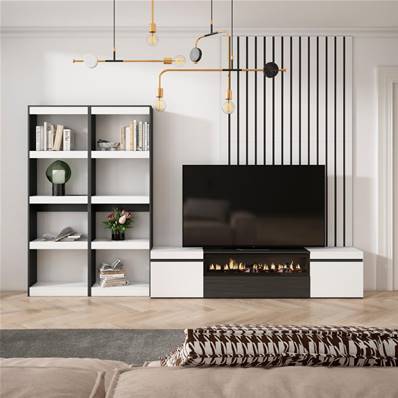 Muebles de Salón para TV, Blanco y negro , Chimenea eléctrica